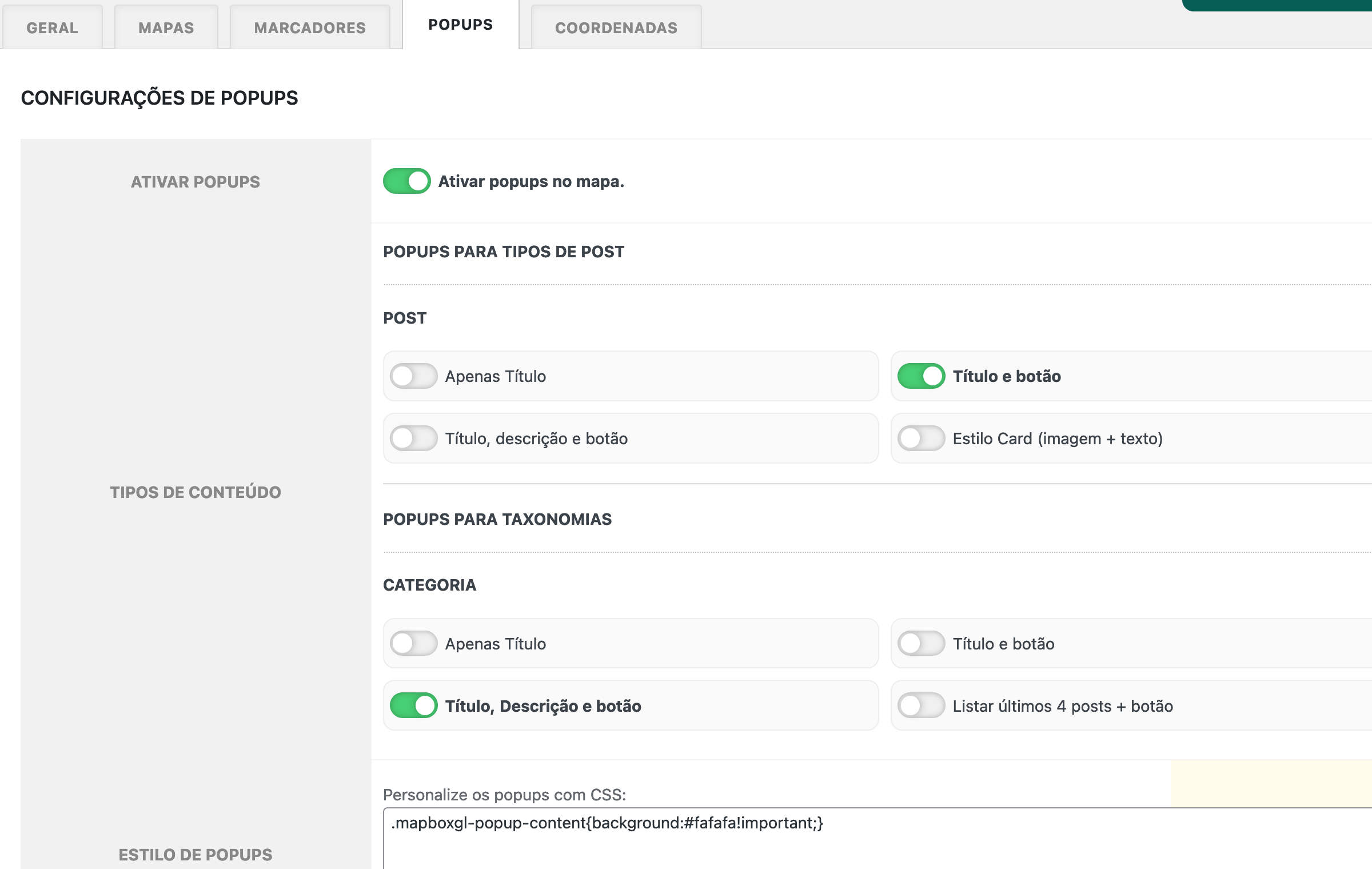 Configurações de popups para plugin de mapas
