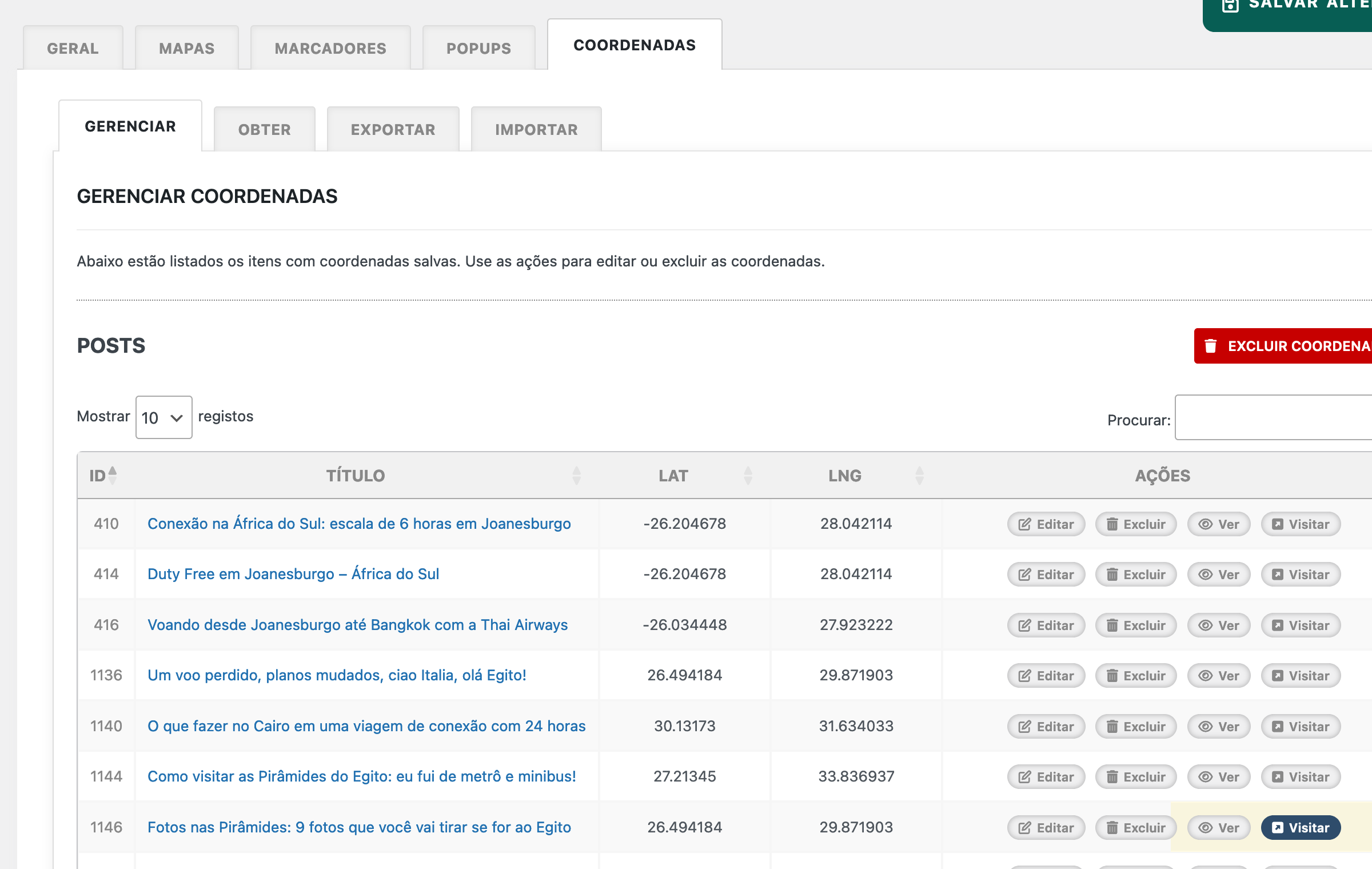 Gestão de coordenadas no plugin de mapas do WP