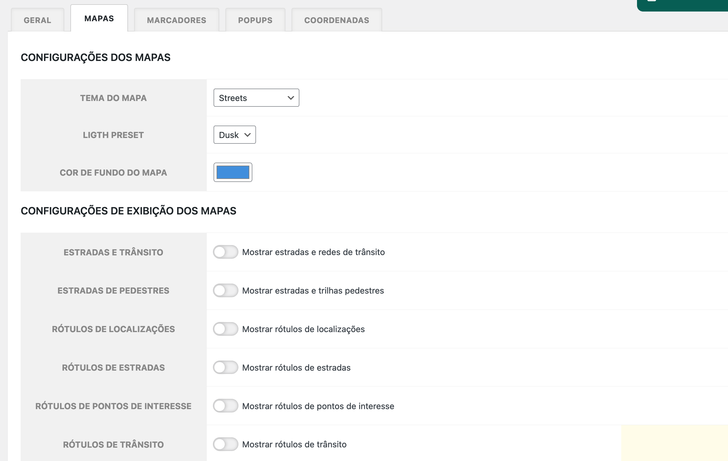 Configurações do mapa no plugin