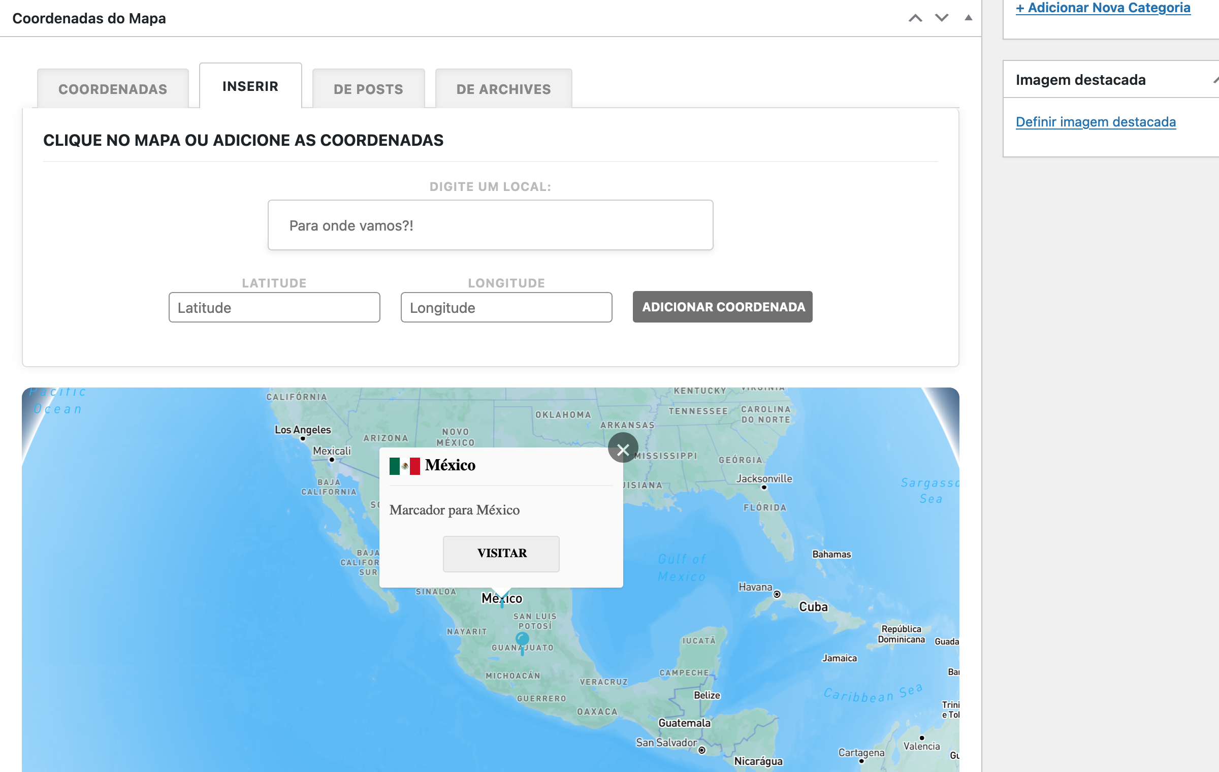 Plugin de mapa para WP permite inserir coordenada por pesquisa de destino