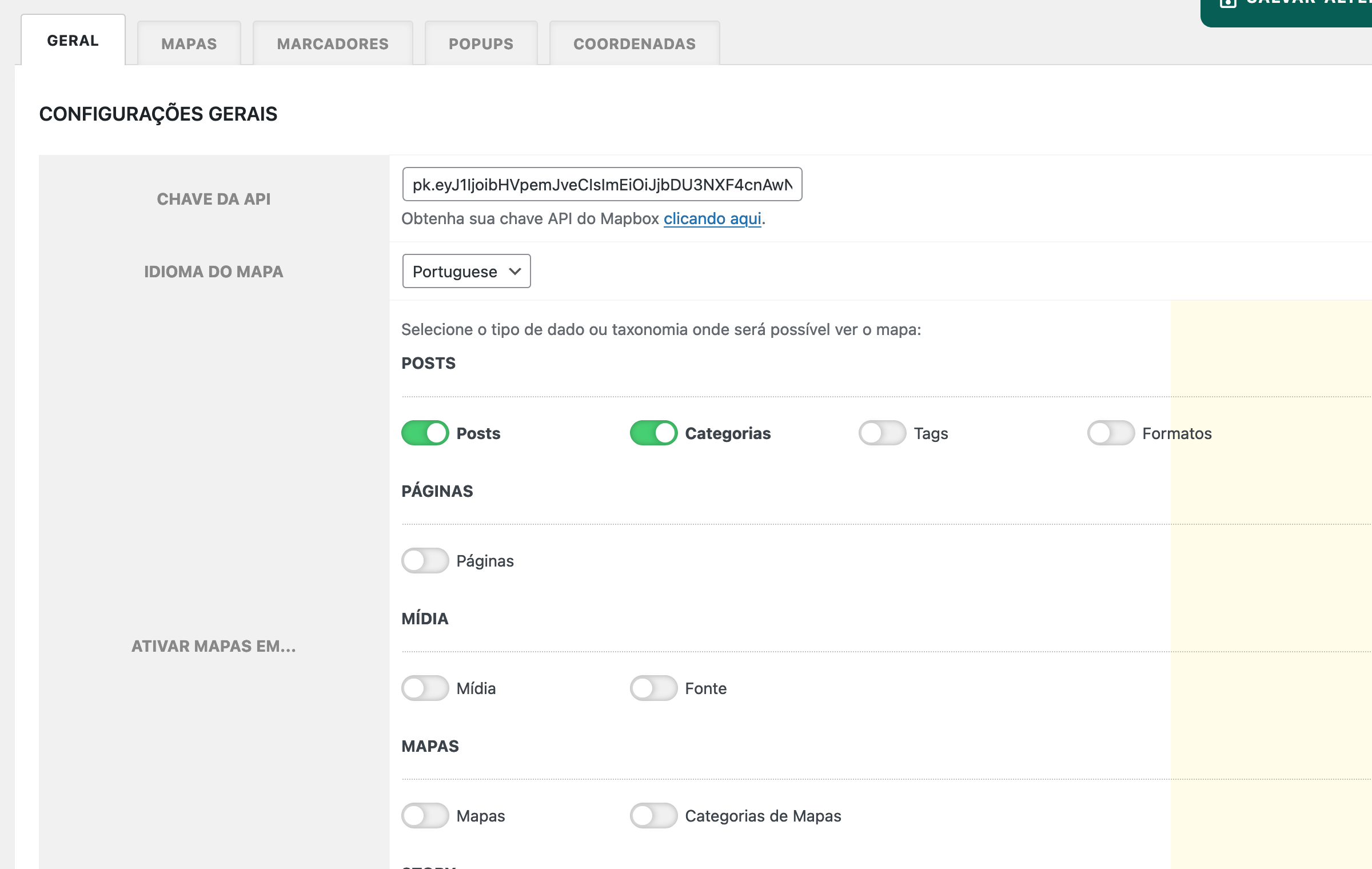 Configurações do plugin de mapas para WordPress